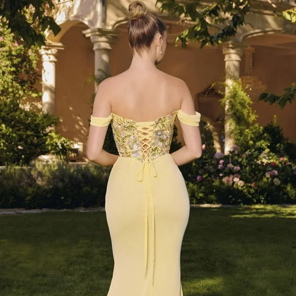 New LT Yellow Off The Shoulder Long Floral Chiffon Gown w/ Lace Up Back CD T721 - Picture 9 of 11